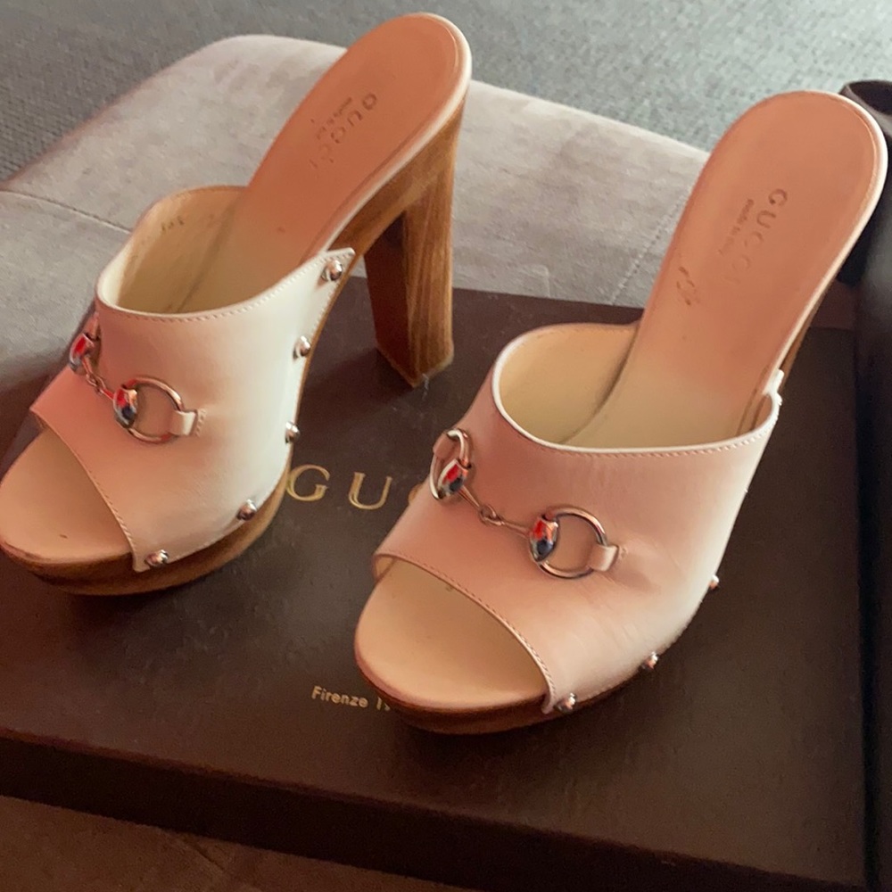 Off white Gucci platform sandal. Size 36 1/2. Worm twice. Box and shoe bag